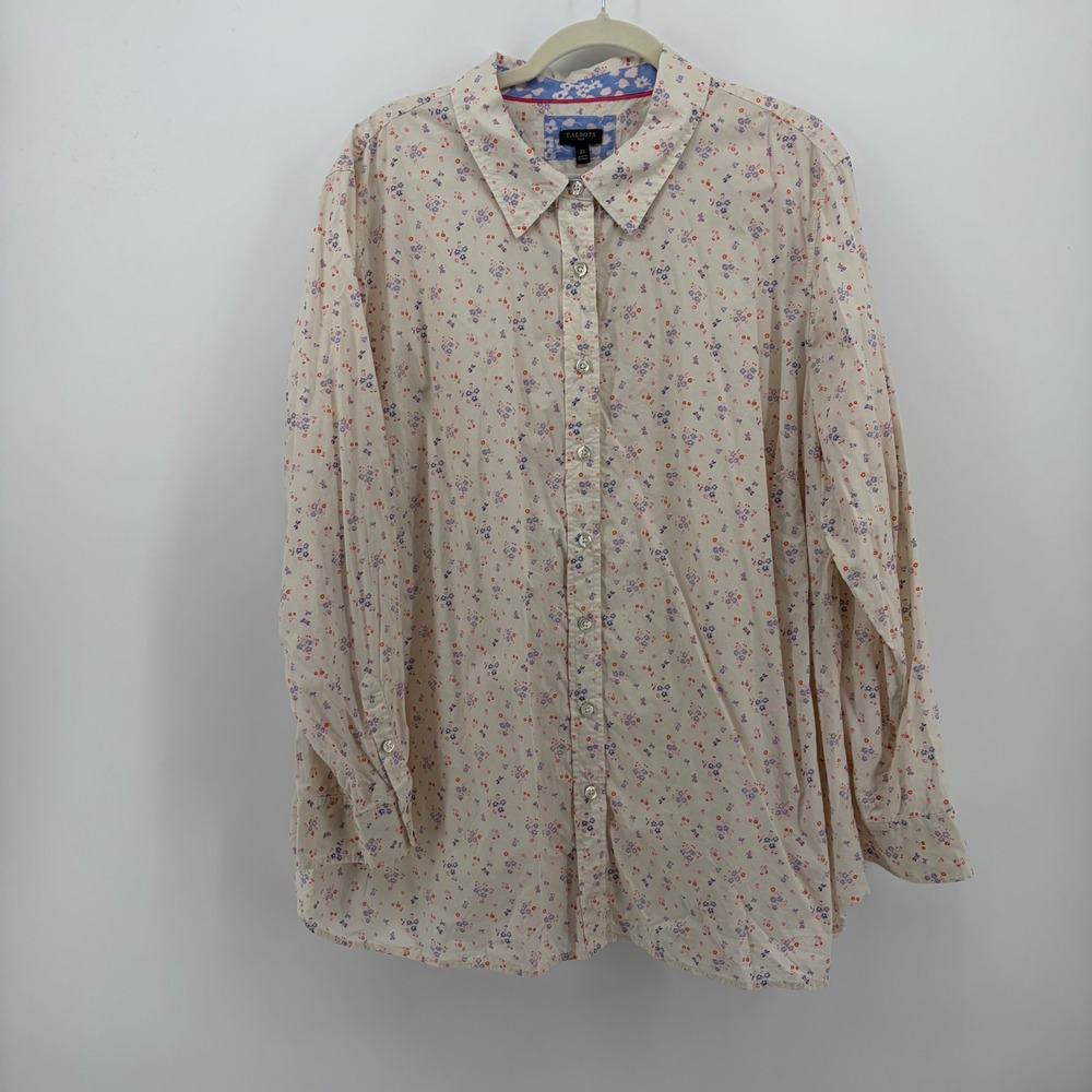 Talbots Womens 3X Ivory Floral Butterfly Cotton Button Down Long Sleeve Shirt